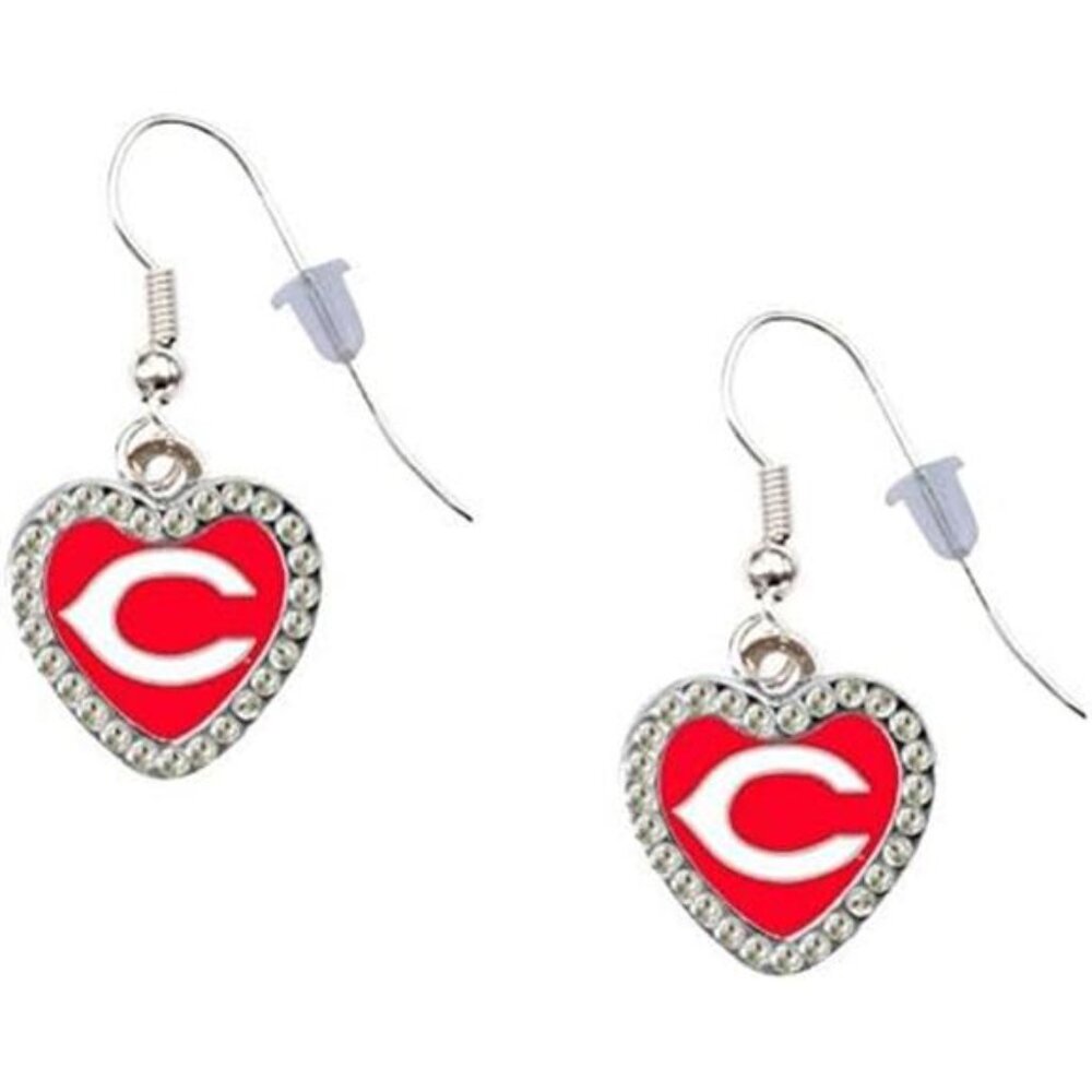 NEW WOMENS CINCINNATI REDS CRYSTAL HEART EARRINGS DANGLE DROP WOMEN MLB BASEBALL